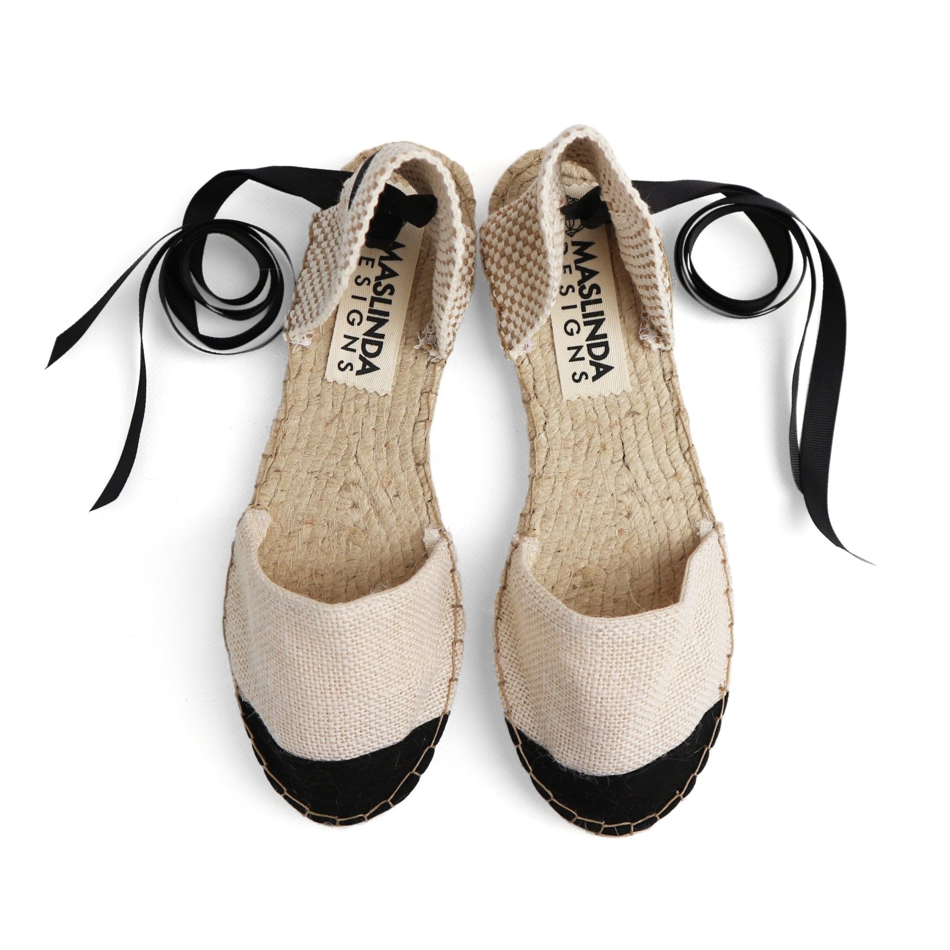 Vegan Espadrilles Sandals - Ecru Black - Maslinda Designs